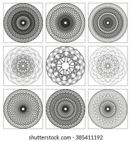 Monochrome elegant circular pattern in black and white. Circular mathematical ornament. A vector circular pattern from the crossed circles. Mandala. Set of 9 elements