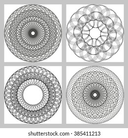 Monochrome elegant circular pattern in black and white. Circular mathematical ornament. A vector circular pattern from the crossed circles. Mandala. Set of 4 elements