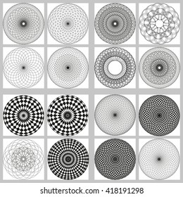 Monochrome elegant circular pattern in black and white. Circular mathematical ornament. A vector circular pattern from the crossed circles. Mandala. Set of 4 elements