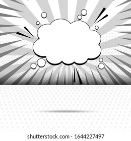 Plantilla de cómic monocromática elegante con círculos de burbujas de habla en blanco resonan los efectos radiales y de semitonos. Ilustración del vector