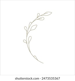 Monochrome elegant curved tree branch with leaves hand drawn line art decor element for logo vector illustration. Organic natural twig with leaf minimalist contoured decorative design for invitation