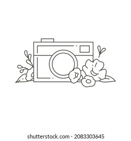 Monochrome elegant feminine photo camera decorated by natural plants flowers for shooting blog or picture vector illustration. Simple logo photographer electronic equipment art hobby course school