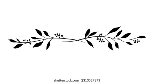 Monochrome elegant floral divider of two branches with leaves and berries. Logo element for laurel wreaths. Hand drawn line wedding grass leaves for invitation save the date card