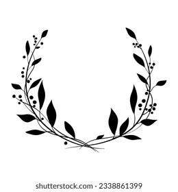 Monochrome elegant floral round frame of two branches with leaves and berries. Logo or emblem element for laurel wreaths. hand drawn line wedding herbal leaves for invitation save the date card