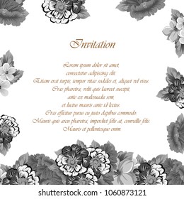 monochrome elegant frame of flowers. For your design of greeting cards, birthday cards and invitations, wedding, party and more. Vector illustration.