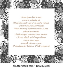 monochrome elegant frame of flowers. For your design of greeting cards, birthday cards and invitations, wedding, party and more. Vector illustration.