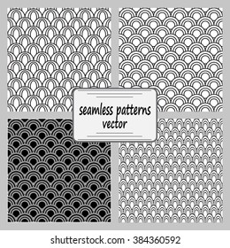 Monochrome elegant seamless pattern set in black and white. Vector seamless geometric pattern in a contrasting black and white tones. Vector seamless background of overlapping striped circles.