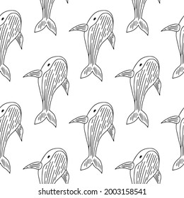 Monochrome and elegant seamless pattern with whales.