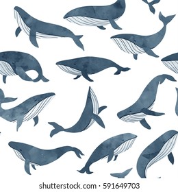 Monochrome and elegant seamless pattern with whales. 