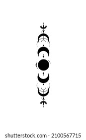 Monochrome elegant vector illustration of moon phases isolated on white background. Astrology, witch art, magic logo, boho style print, feminine tattoo concept. Mystical crescent moon clipart.