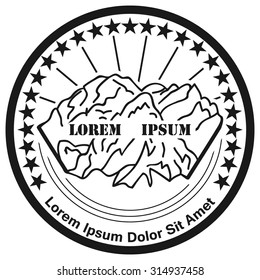 Monochrome element for the logo with the mountain and the rays of the sun. Styling.  Vector illustration.