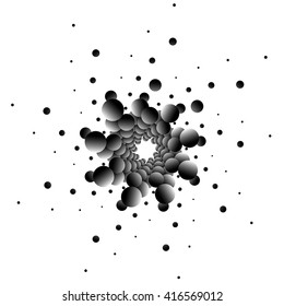 Monochrome element with overlapping circles. Spiral, vortex distortion effect. Circular, centrifugal geometry. Rotating, curved vector illustration