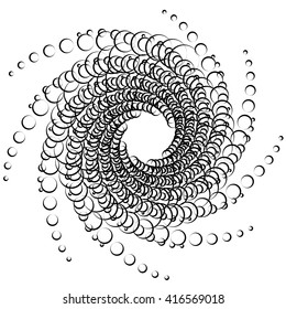 Monochrome element with overlapping circles. Spiral, vortex distortion effect. Circular, centrifugal geometry. Rotating, curved vector illustration