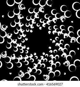 Monochrome element with overlapping circles. Spiral, vortex distortion effect. Circular, centrifugal geometry. Rotating, curved vector illustration