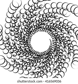 Monochrome element with overlapping circles. Spiral, vortex distortion effect. Circular, centrifugal geometry. Rotating, curved vector illustration