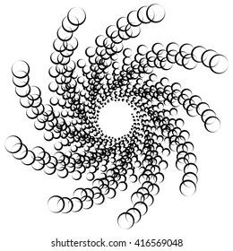 Monochrome element with overlapping circles. Spiral, vortex distortion effect. Circular, centrifugal geometry. Rotating, curved vector illustration