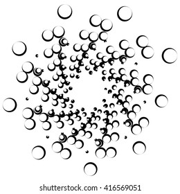 Monochrome element with overlapping circles. Spiral, vortex distortion effect. Circular, centrifugal geometry. Rotating, curved vector illustration