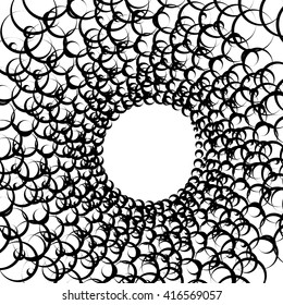 Monochrome element with overlapping circles. Spiral, vortex distortion effect. Circular, centrifugal geometry. Rotating, curved vector illustration