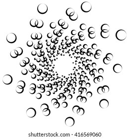 Monochrome element with overlapping circles. Spiral, vortex distortion effect. Circular, centrifugal geometry. Rotating, curved vector illustration