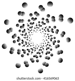 Monochrome element with overlapping circles. Spiral, vortex distortion effect. Circular, centrifugal geometry. Rotating, curved vector illustration