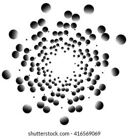 Monochrome element with overlapping circles. Spiral, vortex distortion effect. Circular, centrifugal geometry. Rotating, curved vector illustration