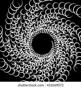 Monochrome element with overlapping circles. Spiral, vortex distortion effect. Circular, centrifugal geometry. Rotating, curved vector illustration