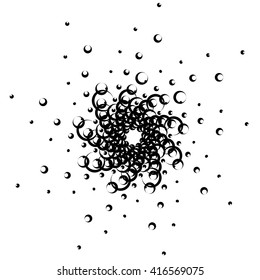 Monochrome element with overlapping circles. Spiral, vortex distortion effect. Circular, centrifugal geometry. Rotating, curved vector illustration