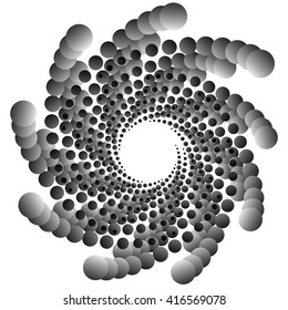 Monochrome element with overlapping circles. Spiral, vortex distortion effect. Circular, centrifugal geometry. Rotating, curved vector illustration