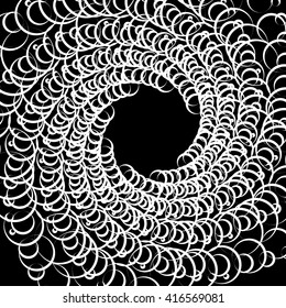 Monochrome element with overlapping circles. Spiral, vortex distortion effect. Circular, centrifugal geometry. Rotating, curved vector illustration