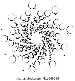 Monochrome element with overlapping circles. Spiral, vortex distortion effect. Circular, centrifugal geometry. Rotating, curved vector illustration