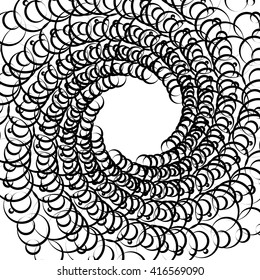 Monochrome element with overlapping circles. Spiral, vortex distortion effect. Circular, centrifugal geometry. Rotating, curved vector illustration