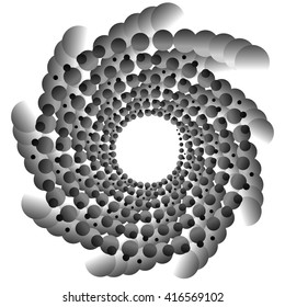 Monochrome element with overlapping circles. Spiral, vortex distortion effect. Circular, centrifugal geometry. Rotating, curved vector illustration