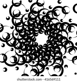 Monochrome element with overlapping circles. Spiral, vortex distortion effect. Circular, centrifugal geometry. Rotating, curved vector illustration
