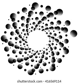 Monochrome element with overlapping circles. Spiral, vortex distortion effect. Circular, centrifugal geometry. Rotating, curved vector illustration