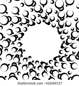 Monochrome element with overlapping circles. Spiral, vortex distortion effect. Circular, centrifugal geometry. Rotating, curved vector illustration