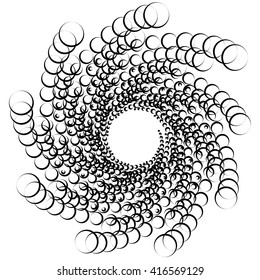 Monochrome element with overlapping circles. Spiral, vortex distortion effect. Circular, centrifugal geometry. Rotating, curved vector illustration