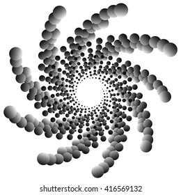 Monochrome element with overlapping circles. Spiral, vortex distortion effect. Circular, centrifugal geometry. Rotating, curved vector illustration