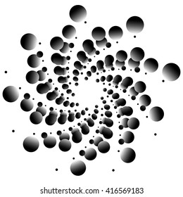 Monochrome element with overlapping circles. Spiral, vortex distortion effect. Circular, centrifugal geometry. Rotating, curved vector illustration