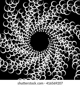 Monochrome element with overlapping circles. Spiral, vortex distortion effect. Circular, centrifugal geometry. Rotating, curved vector illustration