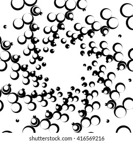 Monochrome element with overlapping circles. Spiral, vortex distortion effect. Circular, centrifugal geometry. Rotating, curved vector illustration