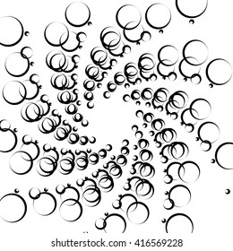 Monochrome element with overlapping circles. Spiral, vortex distortion effect. Circular, centrifugal geometry. Rotating, curved vector illustration