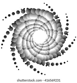 Monochrome element with overlapping circles. Spiral, vortex distortion effect. Circular, centrifugal geometry. Rotating, curved vector illustration