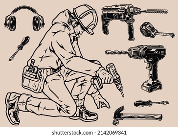 Monochrome Elements Concept With Ear Protectors, Screwdrivers, Pocket Tape, Drill, Hammer, Repairman In Hardhat And Tool Belt Using Cordless Screwdriver, Vector Illustration