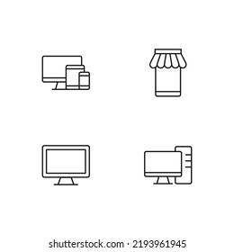 Elementos monocromos perfectos para anuncios, tiendas, diseño, etc. Icono de línea de vector con símbolos de computadora, bloque de sistema, smartphone, tablet 