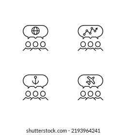 Monochrome elements perfect for adverts, stores, design etc. Editable stroke. Vector line icon set with symbols of globe, progress, anchor, plane inside of speech bubble by users