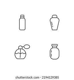 Monochrome elements perfect for adverts, stores, design etc. Editable stroke. Vector line icon set with symbols of vintage perfume, shower gel, simple bottle for shampoo 