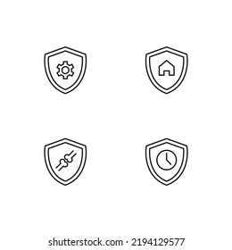 Monochrome elements perfect for adverts, stores, design etc. Editable stroke. Vector line icon set with symbols of gear, house, knuckles, clock inside of shield