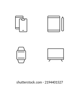 Elementos monocromos perfectos para anuncios, tiendas, diseño, etc. Icono de línea de vector con símbolos de teléfono móvil, tablet, watch, computer 