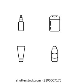 Elementos monocromos perfectos para anuncios, tiendas, diseño, etc. Icono de línea de vector con símbolos de botellas para varios cosméticos 