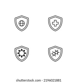 Einfarbige Elemente, perfekt für Werbung, Läden, Design etc. Bearbeitbarer Strich. Vektorliniensymbol mit Symbolen aus Globus, medizinischem Kreuz, Sonne, chemischer Verbindung innerhalb des Schildes  